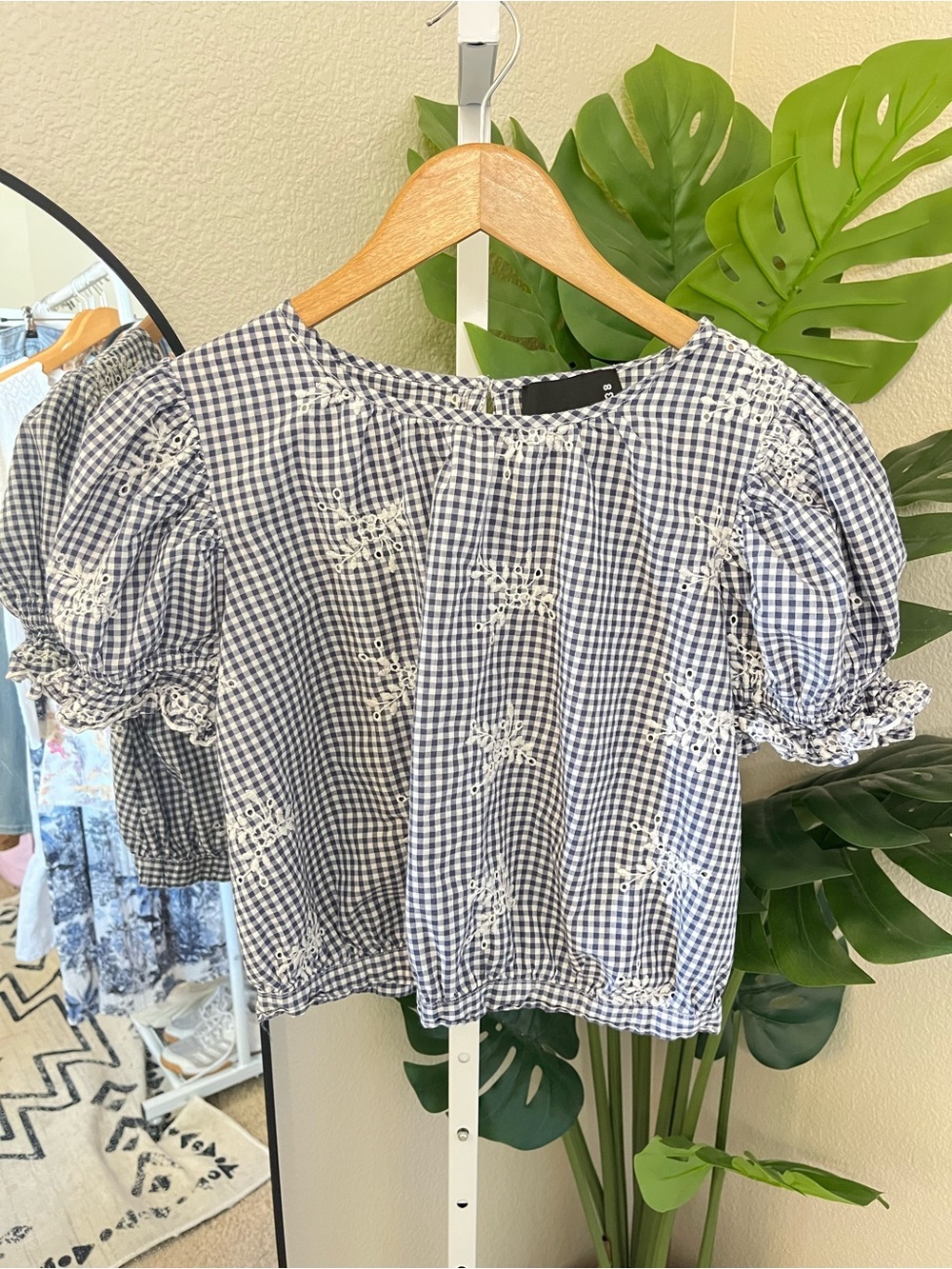 💙 Blue Gingham Eyelet Puff Sleeve Blouse Medium | Cottagecore Prairie Chic Top
